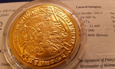 100 Francs 2000 Frankreich PP Jean le bon 17g Gold 920er - nur wenige Exemplare