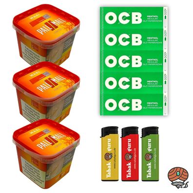 Pall Mall Tabak/Volumentabak Maxi Box 3x 310g, OCB Menth. Hülsen, Feuerzeuge