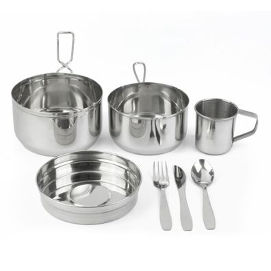 Moritz Camping Kochgeschirr Set 7-teilig Edelstahl Topf Becher Besteck stapelbar Outd