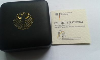 Etui und Zertifikat für 100 euro 2015 Mittelrheintal 1/2 Unze Gold Deutschland
