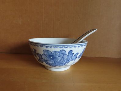Schale Reisschale Suppenschale mit Löffel China blaue Blumen ca. 5,5 cm H
