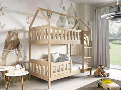 Etagenbett ZUZIA 160x80 cm Hausbett Kinderbett Massivholz Weiß mit Matratzen