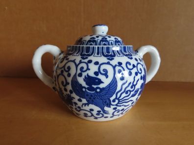 Zuckerdose Zuckerschale mit Deckel Porzellan blauen Vögeln Japan
