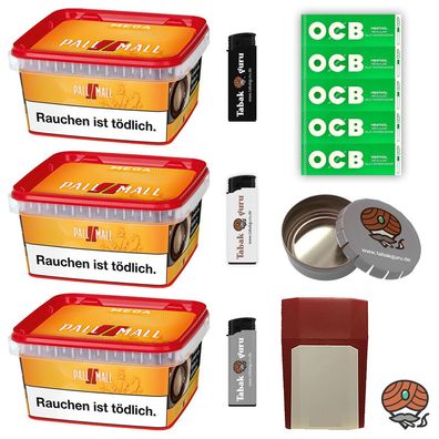 Pall Mall Allround Tabak Mega Box 3x 145g, OCB Menth. Hülsen, Feuerzeuge, Box