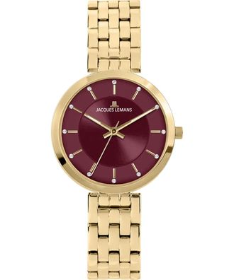 Jacques Lemans Damen-Armbanduhr Milano Goldfarben/Weinrot 1-2211H