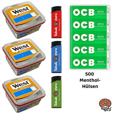 West Yellow Tabak Mega Box 3x 105g, OCB Menth. Hülsen + Zubehör