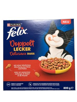 Felix Doppelt Lecker Trockenfutter Katze, Adult, Rind und Huhn 5 x 800g