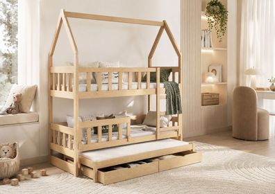Etagenbett Hausbett NOLAN Kinderbett aus Massivholz mit 3 Matratzen