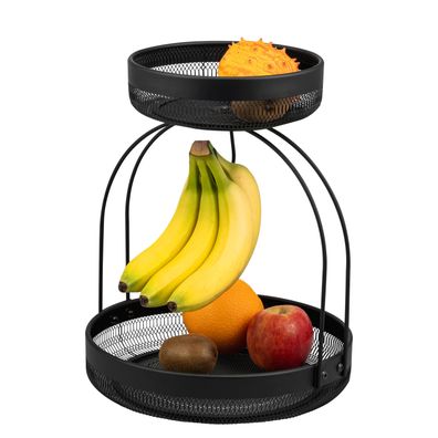 eluno 2-stöckige Obstetagere mit Bananenhalter, Brotkorb aus schwarzem Metall