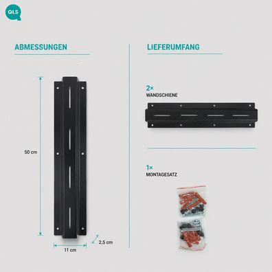 QLS Wandschienen 50 cm aus Stahl für modulares Regalsystem Schwarz 2 Stück 11494