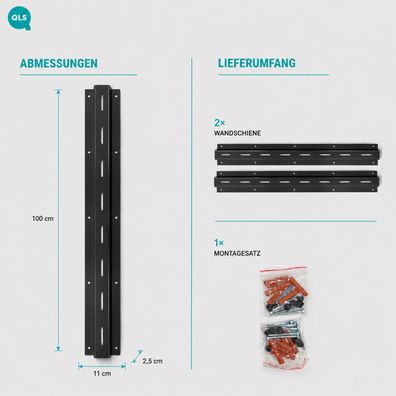 QLS Wandschienen 100 cm aus Stahl für modulares Regalsystem Schwarz 2 Stück 11495