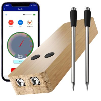 Tangzhe Fleischthermometer kabellos Bluetooth 100m 2 Sonden Grill Backofen