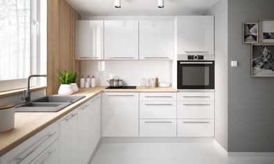 Küchenzeile PL1, L-Form 240x245cm, HG, Soft Close , mit Arbeitsplatte, Farbe wählbar