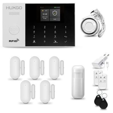 Funk Alarmanlage Set 4G mit Sirene, 1x Bewegungsmelder, 5x Tür- Fenstersensor HXA005