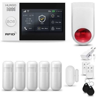 Alarm HXA007, Alarmanlage Haus WiFi + GSM 2G mit Sirene, 5x Bewegungsmelder für Haus