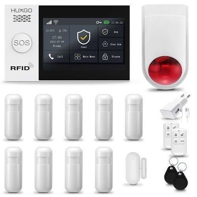 Alarm HXA007, Alarmanlage Haus WiFi + GSM 2G mit Sirene, 9x Bewegungsmelder für Haus