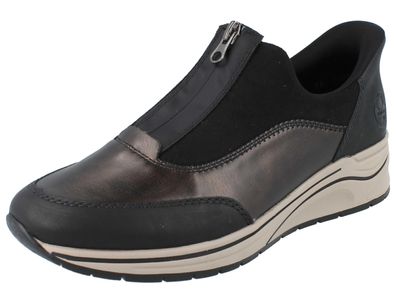 RIEKER Damen Slipper schwarz braun Kunstleder Textil
