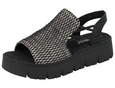 RIEKER Damen Keilsandalette schwarz weiß Flechtoptik Textil