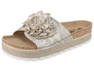 RIEKER Damen Plateau Pantolette beige gold Schlange Kunstleder
