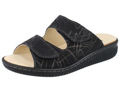 LONGO Damen Pantolette schwarz bedrucktes Nubukleder