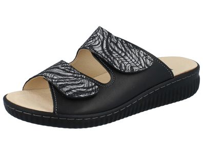 LONGO Damen Pantolette schwarz silber bedrucktes Glattleder