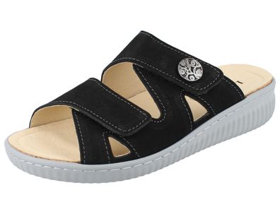 LONGO Damen Pantolette schwarz helle Sohle Nubukleder