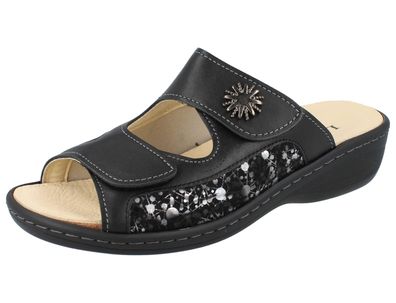 LONGO Damen Pantolette schwarz silber Glattleder/Textil