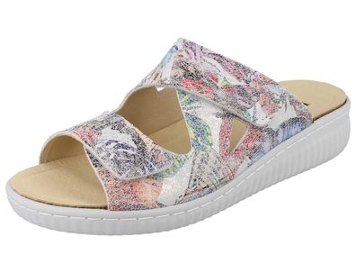 LONGO Damen Pantolette weiß multi bedrucktes Nubukleder