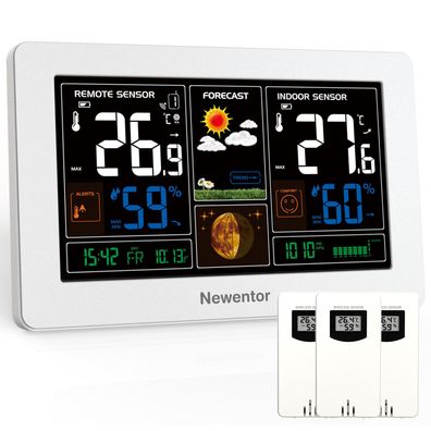 Newentor Wetterstation Funk mit 3 Außensensoren DCF Funkuhr Farbdisplay Weiß