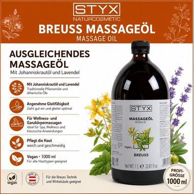 STYX Breuss Massageöl 1000 ml vegan Johanniskraut Lavendel Profi Massageöl