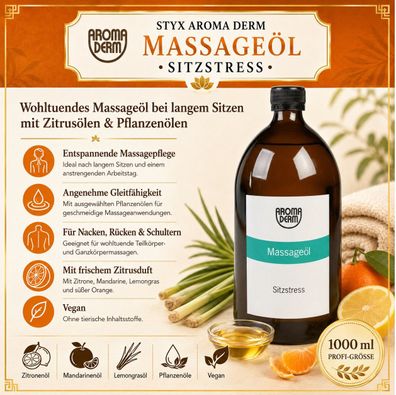 STYX Aroma Derm Massageöl Sitzstress 1000 ml Zitrusöle Lemongras vegan