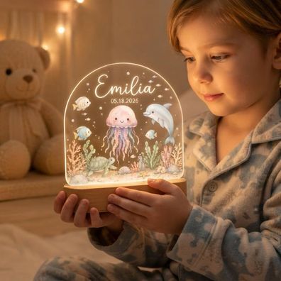 Personalisierte LED Baby Nachtlampe Ozean mit Name Schlummerlicht Holz