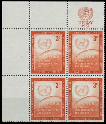 UNO NEW YORK 1957 Nr 62RZfo postfrisch Viererblock ECKE X404EC6