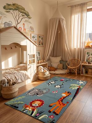 Kinderteppich Kurzflor CASOLA Dschungel-Tiere Blau Jute-Rücken fürs Kinderzimmer
