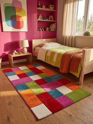 Kinderteppich Kurzflor CASOLA Mehrfarbig 13 mm Jute für Kinderzimmer Karo