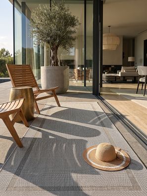 Teppich Flachgewebe BORNO Grau Polypropylen Webstruktur Wohnzimmer Bordüre