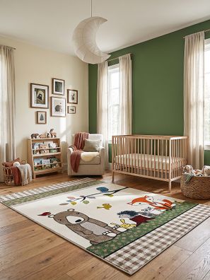 Kinderteppich Läufer Kurzflor CASOLA Creme 13 mm für Kinderzimmer Kinder Waldtiere
