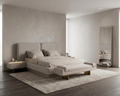 Schlafzimmer Set Bett Nachttisch Standspiegel Bank Modern Beige Edel