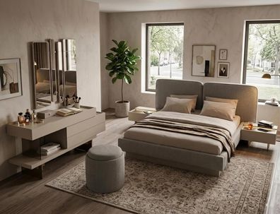 Schlafzimmer Set Bett Nachttisch Schminktisch Spiegel Hocker Grau Edel