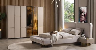 Schlafzimmer Set Bett Schrank Nachttisch Bank Modern Beige Edel Luxus