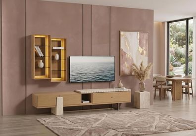 TV Lowboard Set Wandvitrine Modern Beige Edel Luxus Wohnwand Design