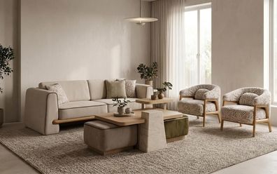 Sofa Set Sessel Couchtisch Hocker Beistelltisch Modern Beige Luxus