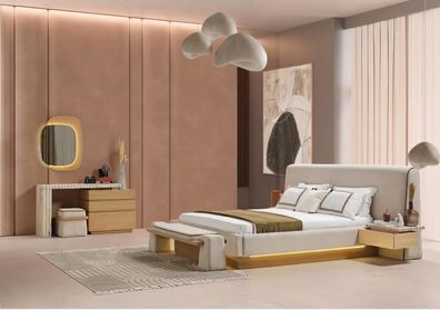 Schlafzimmer Set Bett Nachttisch Frisiertisch Spiegel Bank Beige Edel