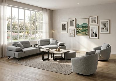 Sofa Set 3 Sitzer Sessel Couchtisch Hocker Modern Grau Edel Luxus