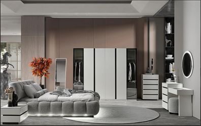 Schlafzimmer Set Bett Kleiderschrank Kommode Spiegel Modern Grau Luxus