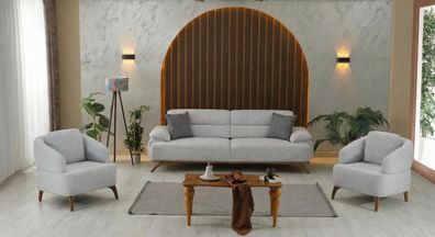 Wohnzimmer Set: 3-Sitzer Sofa, x2 Sessel Weiß Minimalistisches Design