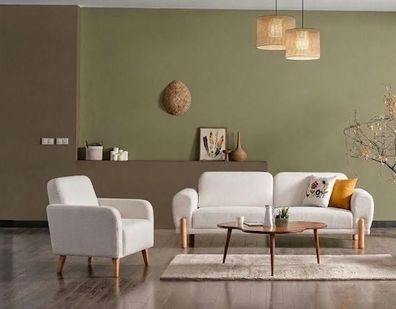 Wohnzimmer Set: 3-Sitzer Sofa, Sessel Weiß Minimalistisches Design