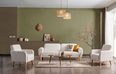 Wohnzimmer Set: 3-Sitzer Sofa, x2 Sessel Weiß Minimalistisches Design