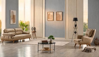 Wohnzimmer Set: 3-Sitzer Sofa, Sessel Weiß Moderner Stil Gemütlich