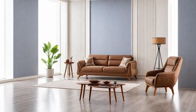 Wohnzimmer Set: 3-Sitzer Sofa, Sessel Braun Minimalistisches Design